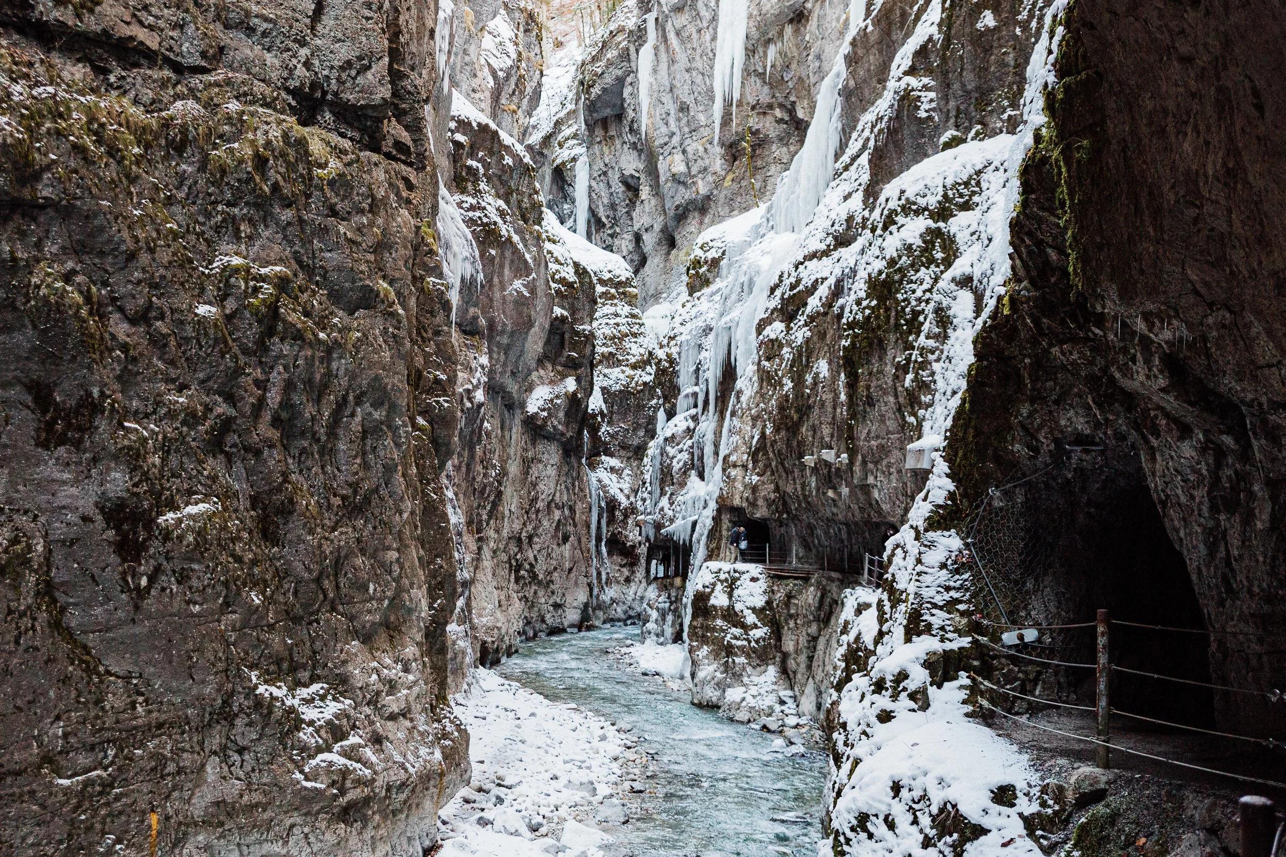 Rocky Partnachklamm covered in snow and icicles